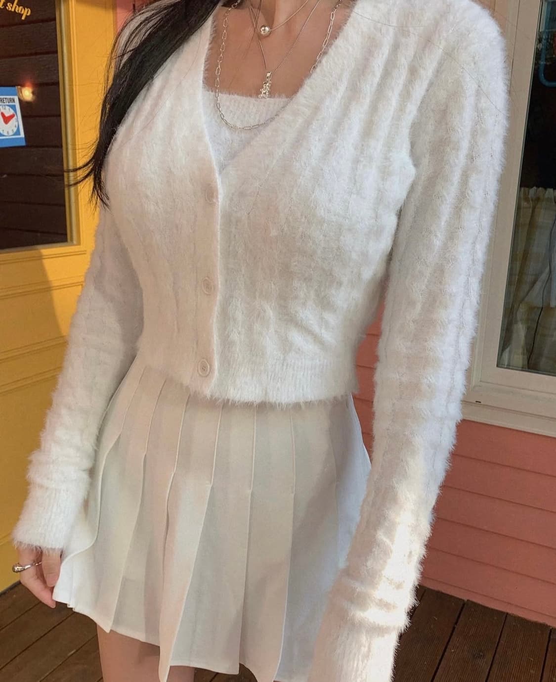 [새상품]페일제이드 퍼지 퍼가디건&퍼나시 세트 화이트 상품이미지1