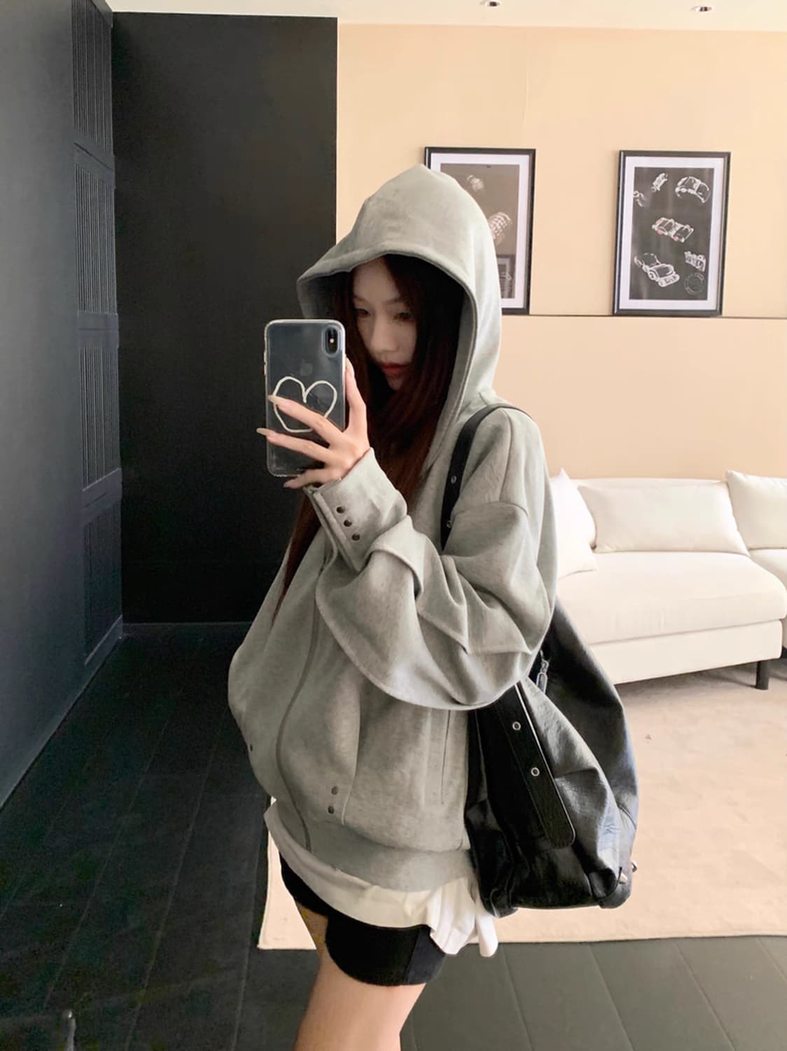 스터드 후드집업 그레이, 블랙 상품이미지4