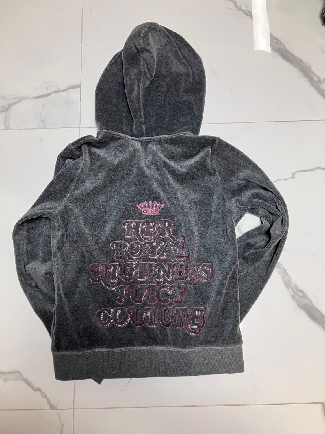 Y2K 쥬시 꾸뛰르 다크 그레이 챠콜 핑크 프린트 벨루어 후드 집업 상품이미지1