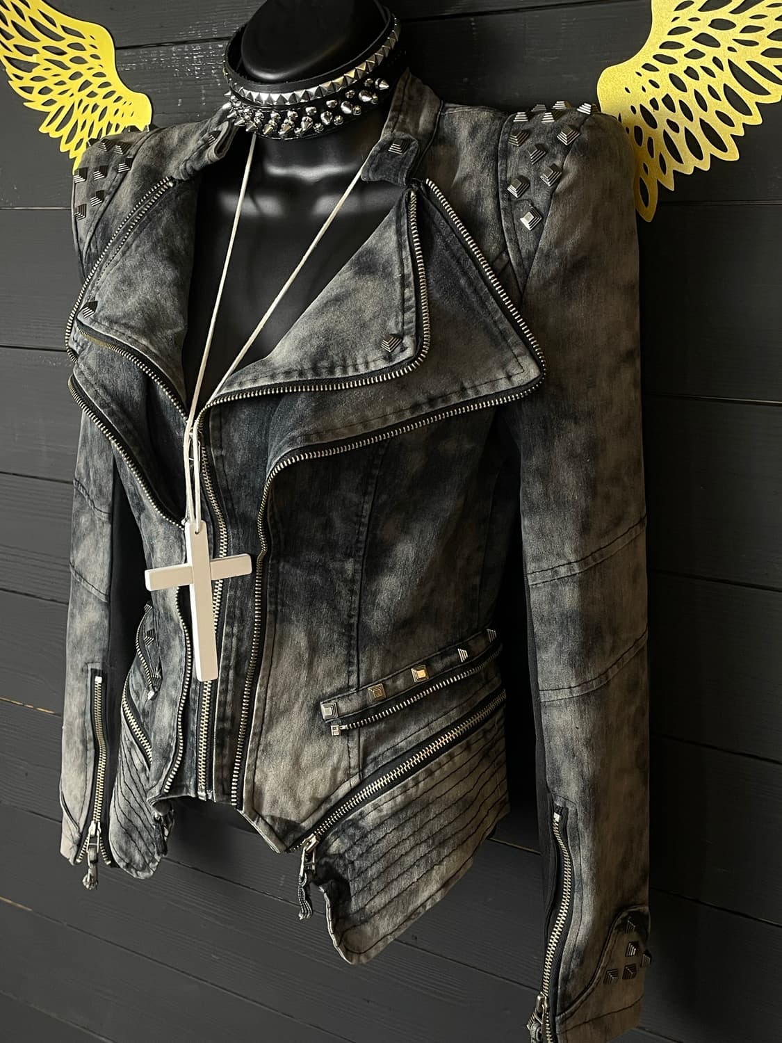 SHALANG 펑크 데님 워싱 흑청 스터드 지퍼 자켓 상품이미지3