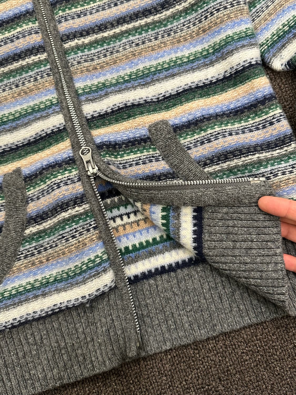 L)Japanese vintage 여성 멀티 스트라이프 패턴 니트 후드집 상품이미지4