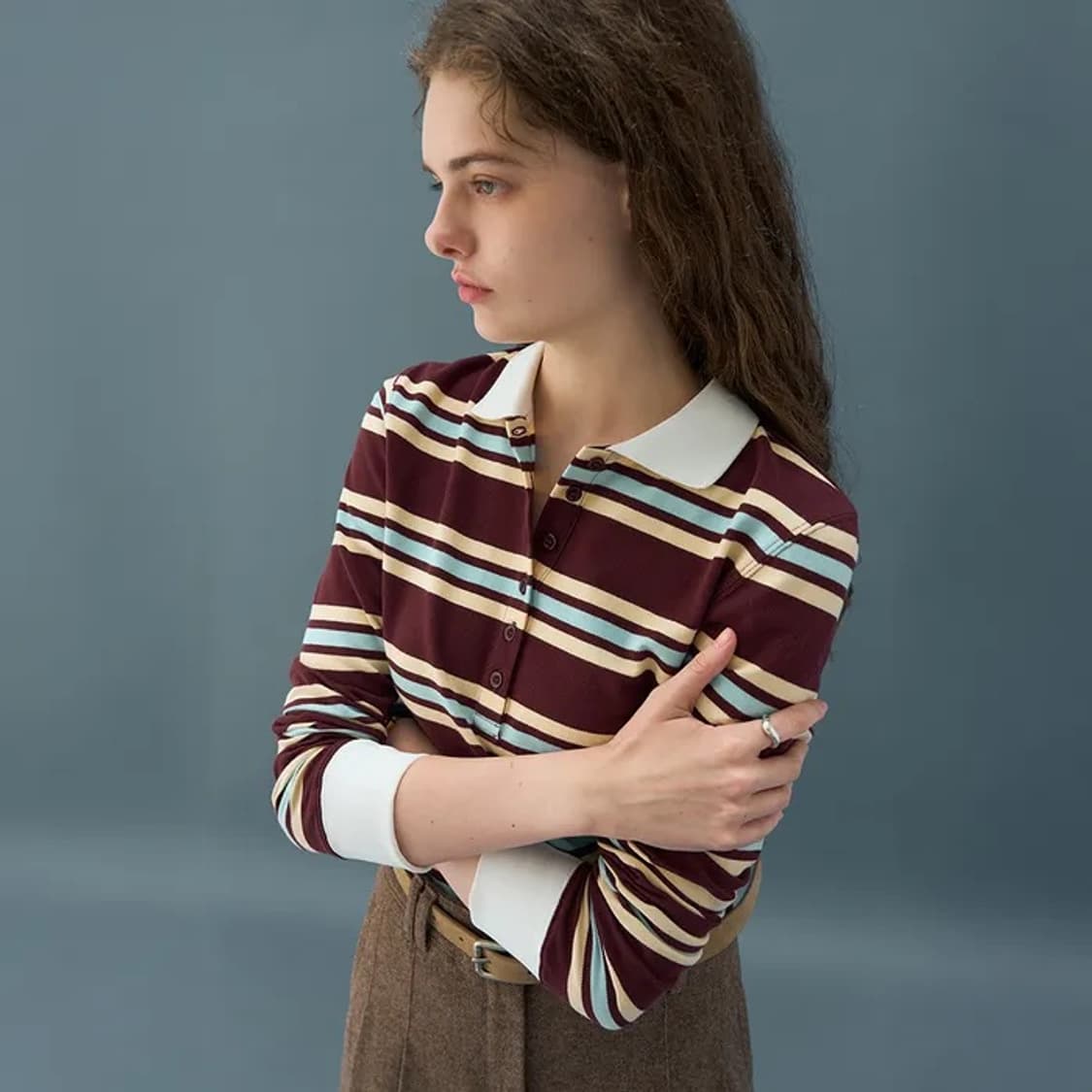 드로우핏 우먼 멀티 스트라이프 슬림 카라 피케 티셔츠 (버건디) 상품이미지3