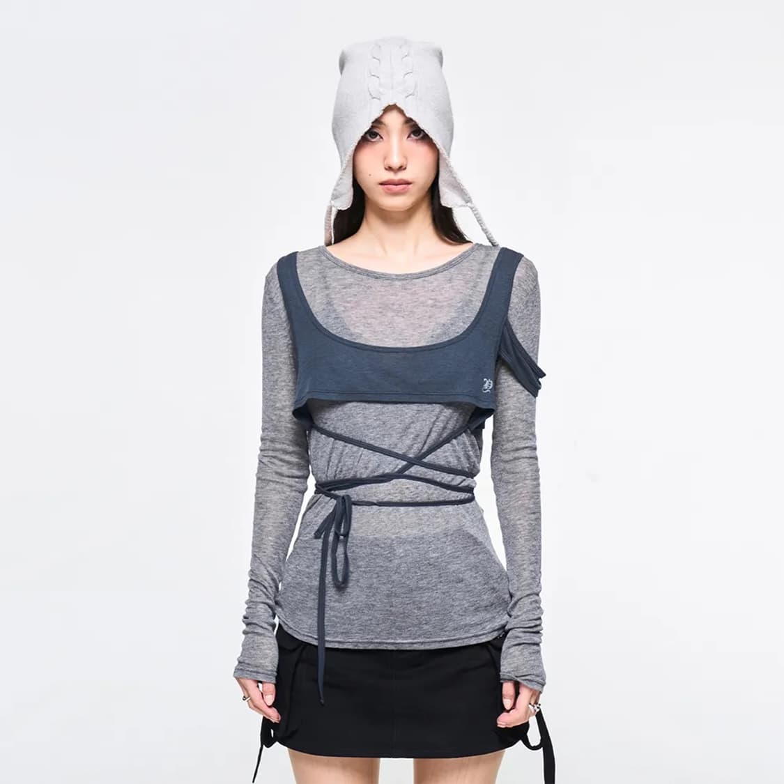 yeel overlay wrap long sleeve top grey 상품이미지1