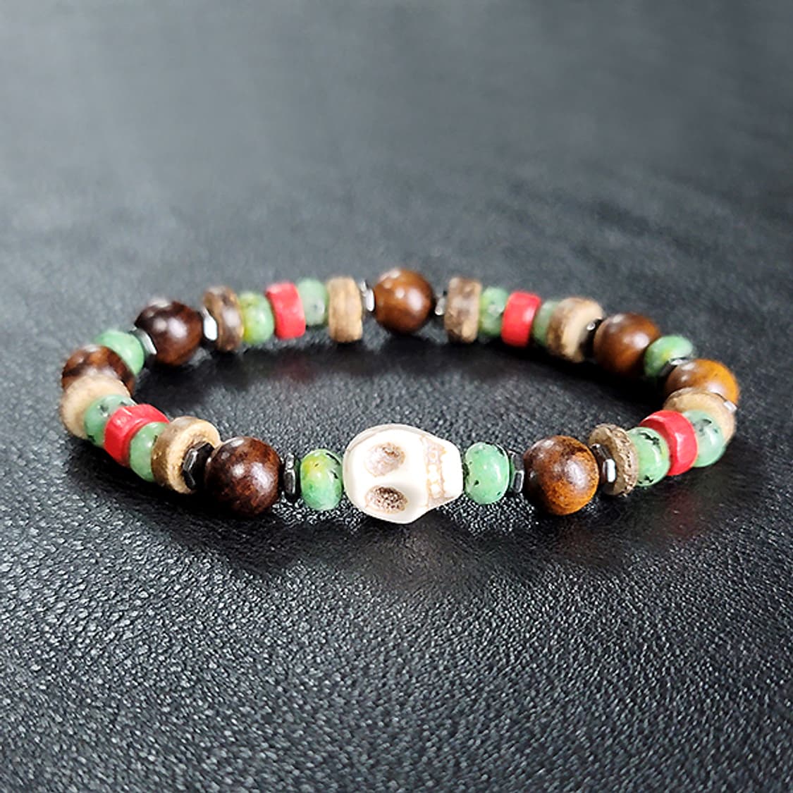 Mossar 로즈우드 8mm 남자 빈티지 비즈 나무 해골 원석 팔찌 상품이미지1