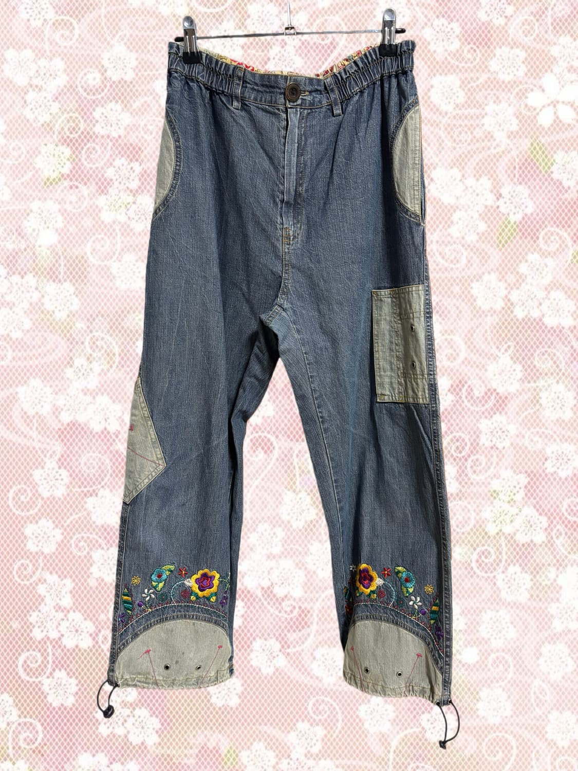 빈티지 히피 하구미 모리걸 자수 와이드 팬츠 상품이미지1