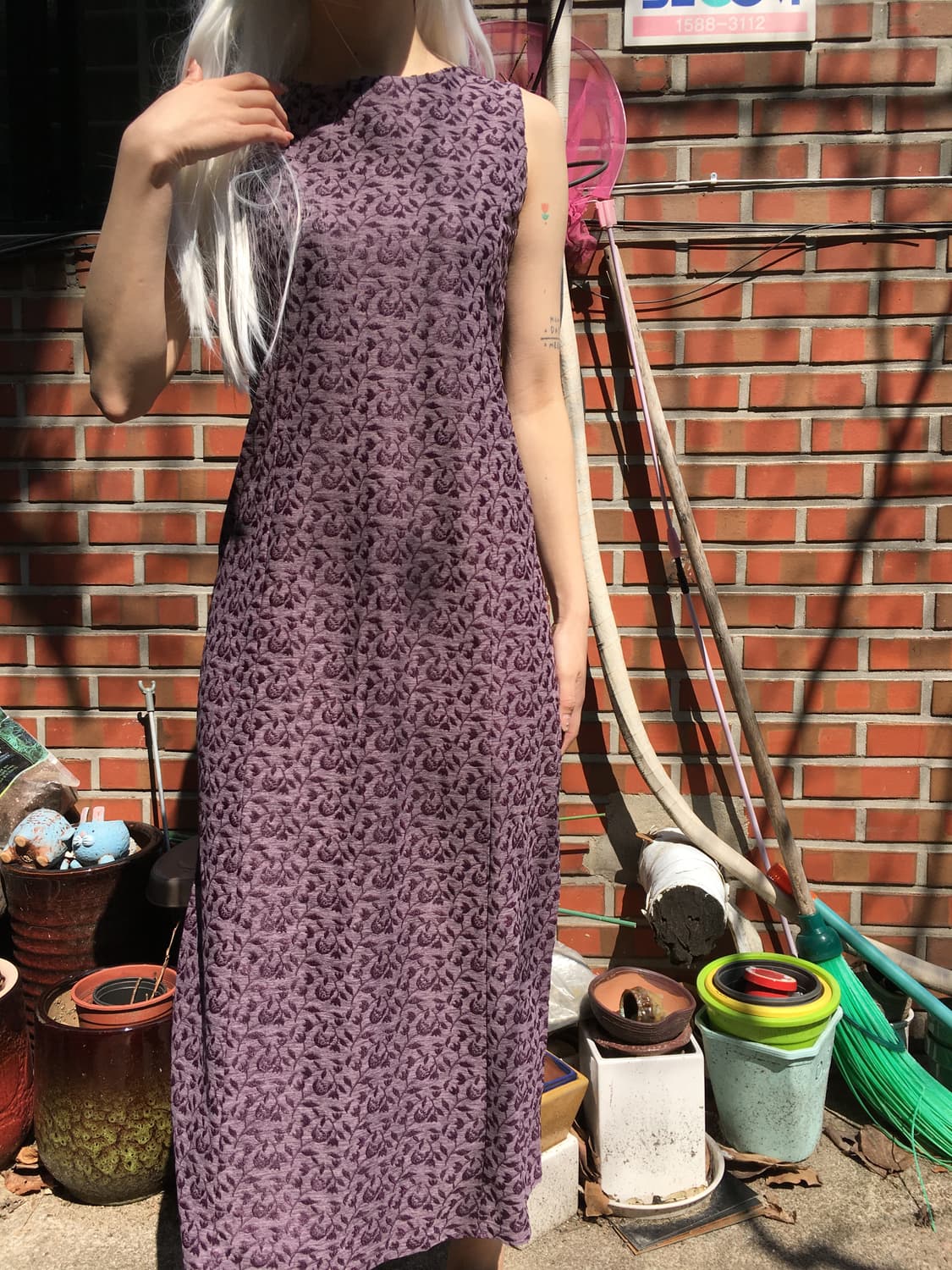 모브 퍼플 자카드 슬리브리스 롱 원피스 상품이미지2