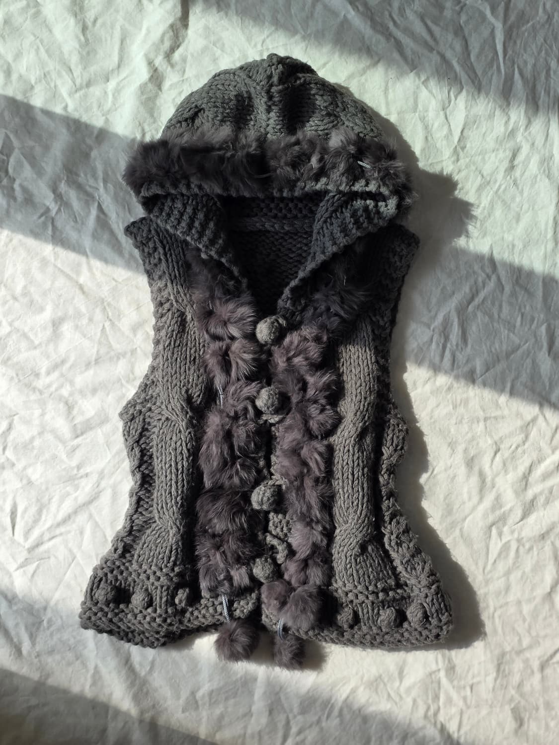 갸루 폼폼 퍼 후드 니트 빈티지 베스트 상품이미지1