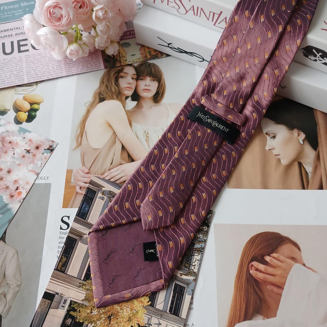 입생로랑 실크 버건디 웨이브 패턴 넥타이 9.7cm A+등급 A19392 상품이미지6