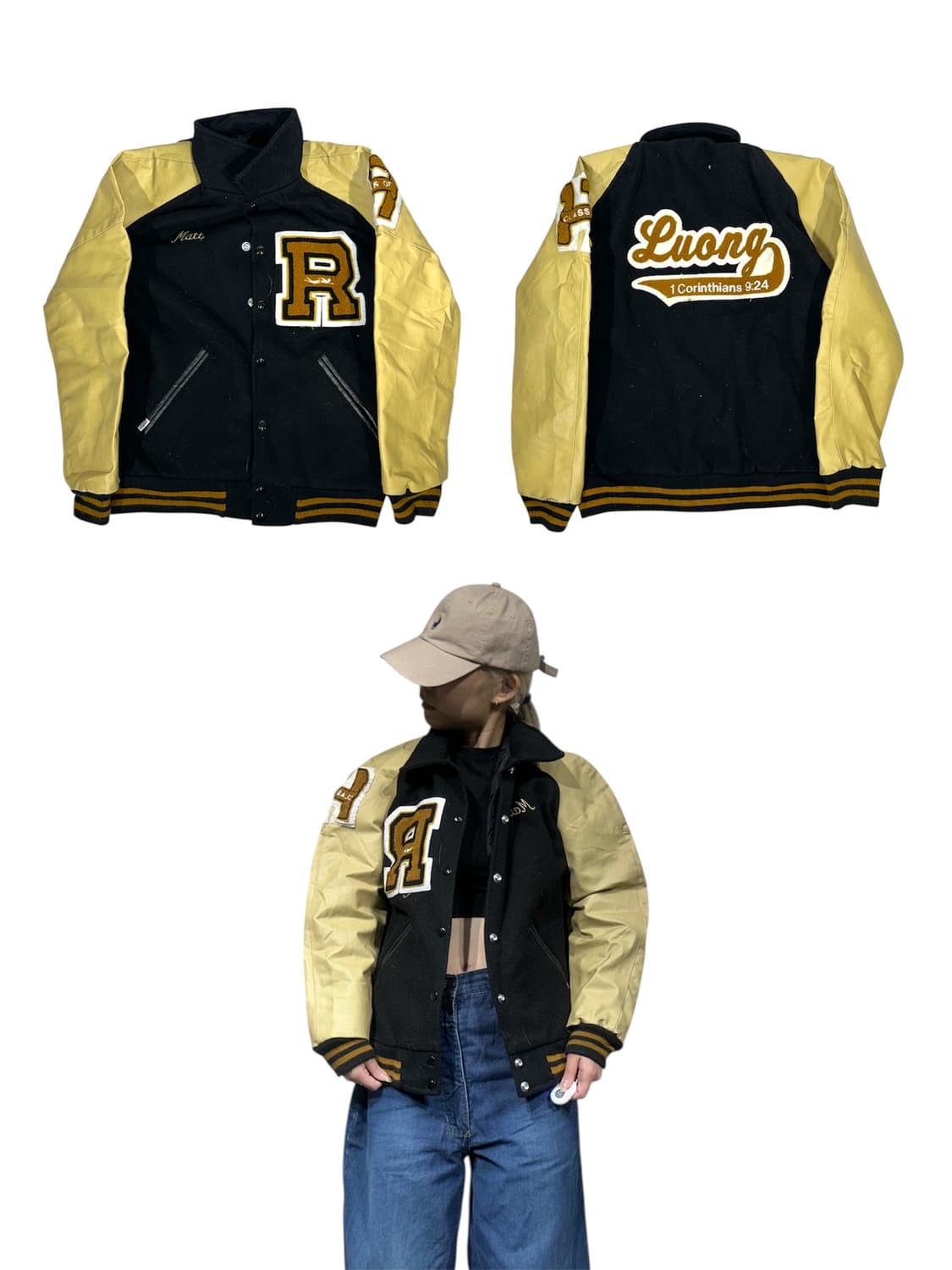 미국 빈티지 R 블랙 골드 자수 가죽 바시티 잠바 상품이미지1