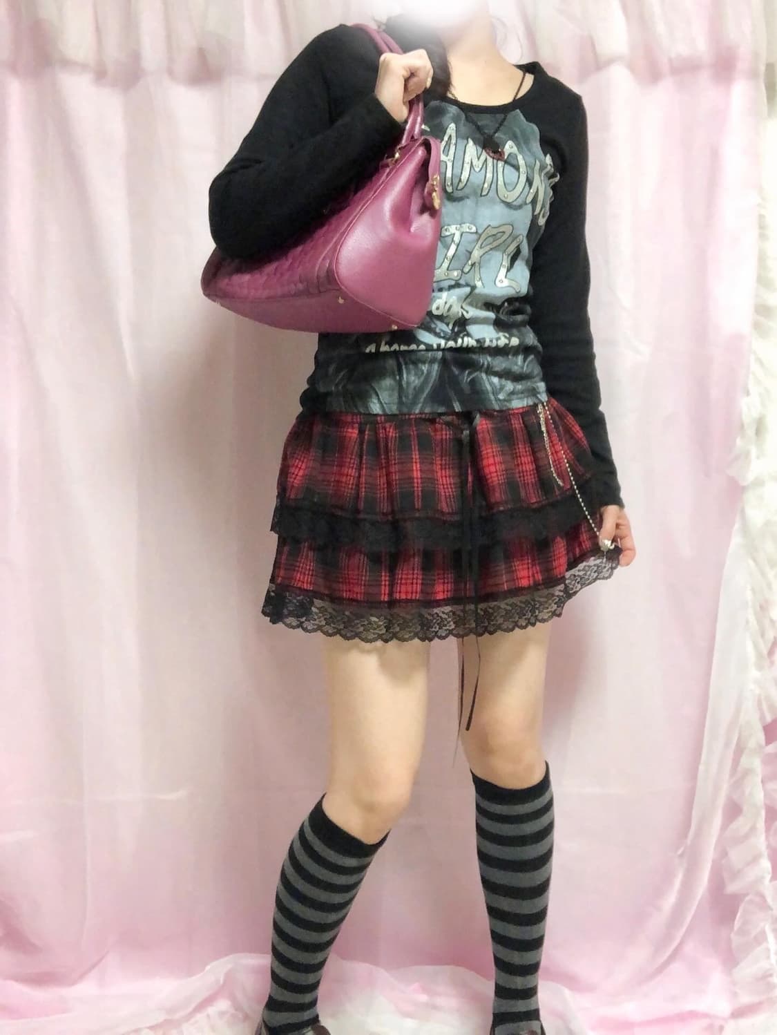 빈티지 펑크 캐캐체깔 레드체크 체인 스커트 상품이미지2