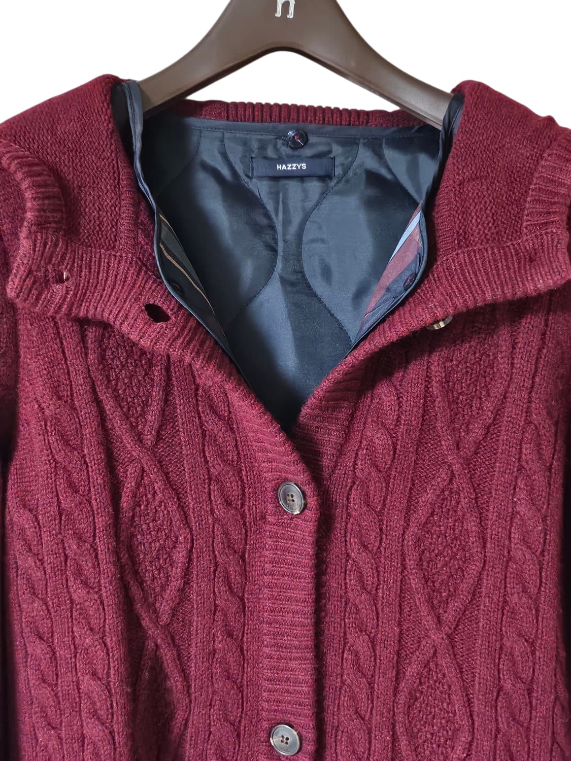 헤지스 여성 후드 니트코트 55~55½ 버건디 롱가디건 상태좋음 상품이미지5