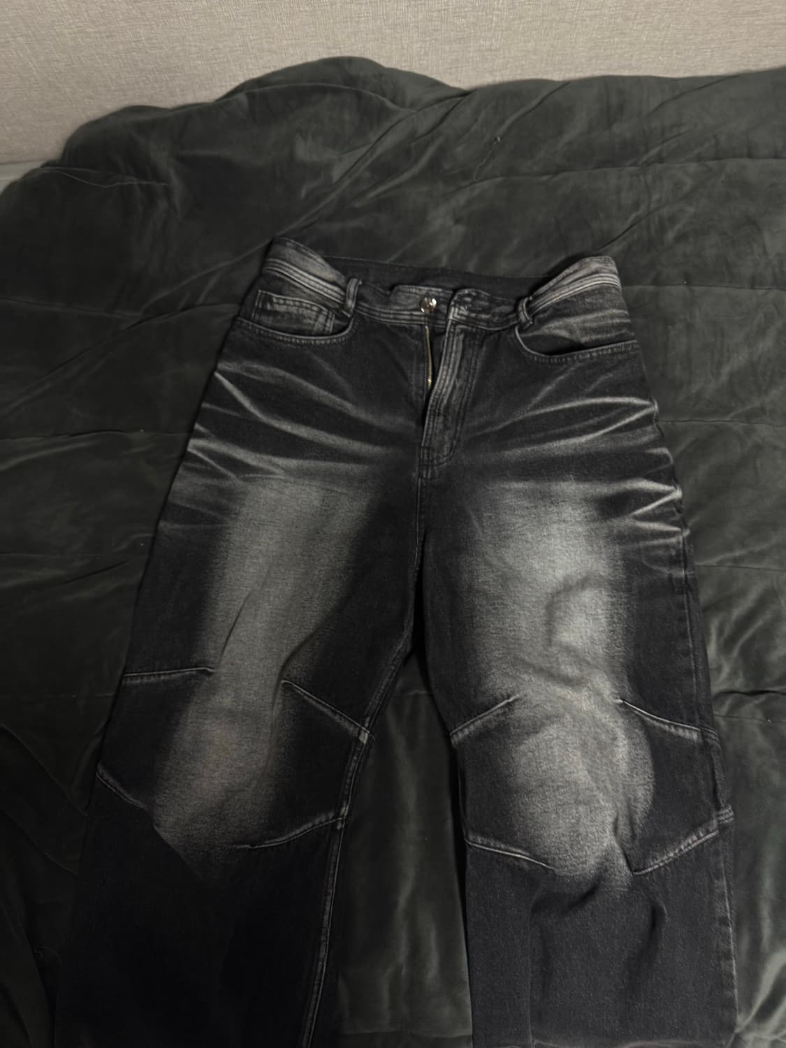 blr 엠보스드 웨이브 워싱 와이드 데님팬츠 블랙 상품이미지2