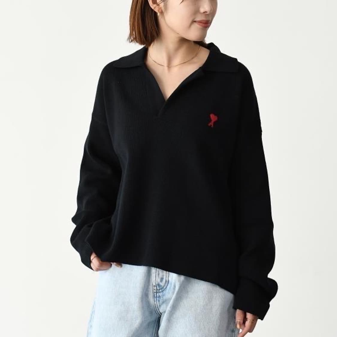 (정품/새상품) AMI 아미 여성 블랙 하트 로고 폴로 니트 상품이미지5