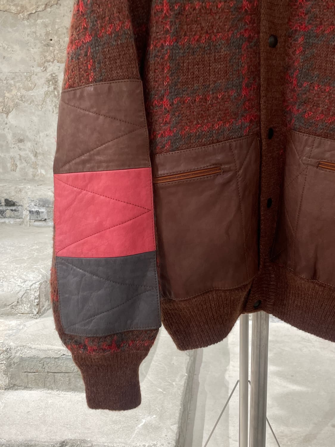 빈티지 레드 클레이 레더 패치 체크 울 자켓 상품이미지4