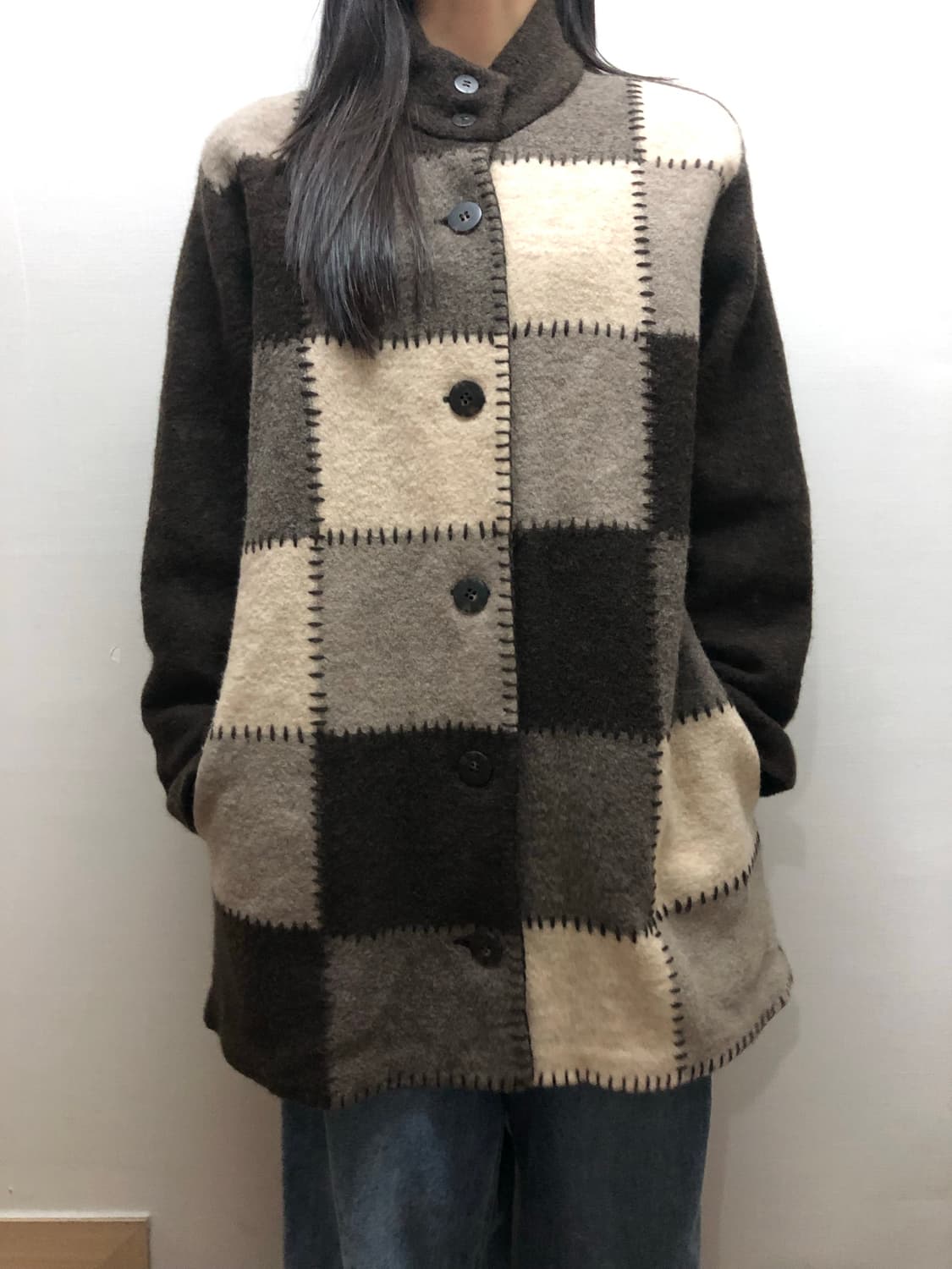 빈티지 브라운 울 패치워크 하프 코트 상품이미지1