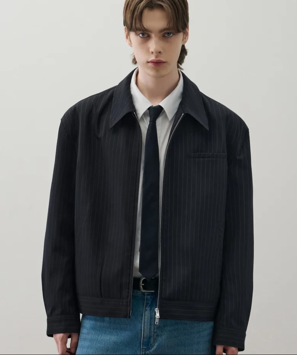 M) 핀 스트라이프 크롭 블루종 자켓 [DARK NAVY] 상품이미지1