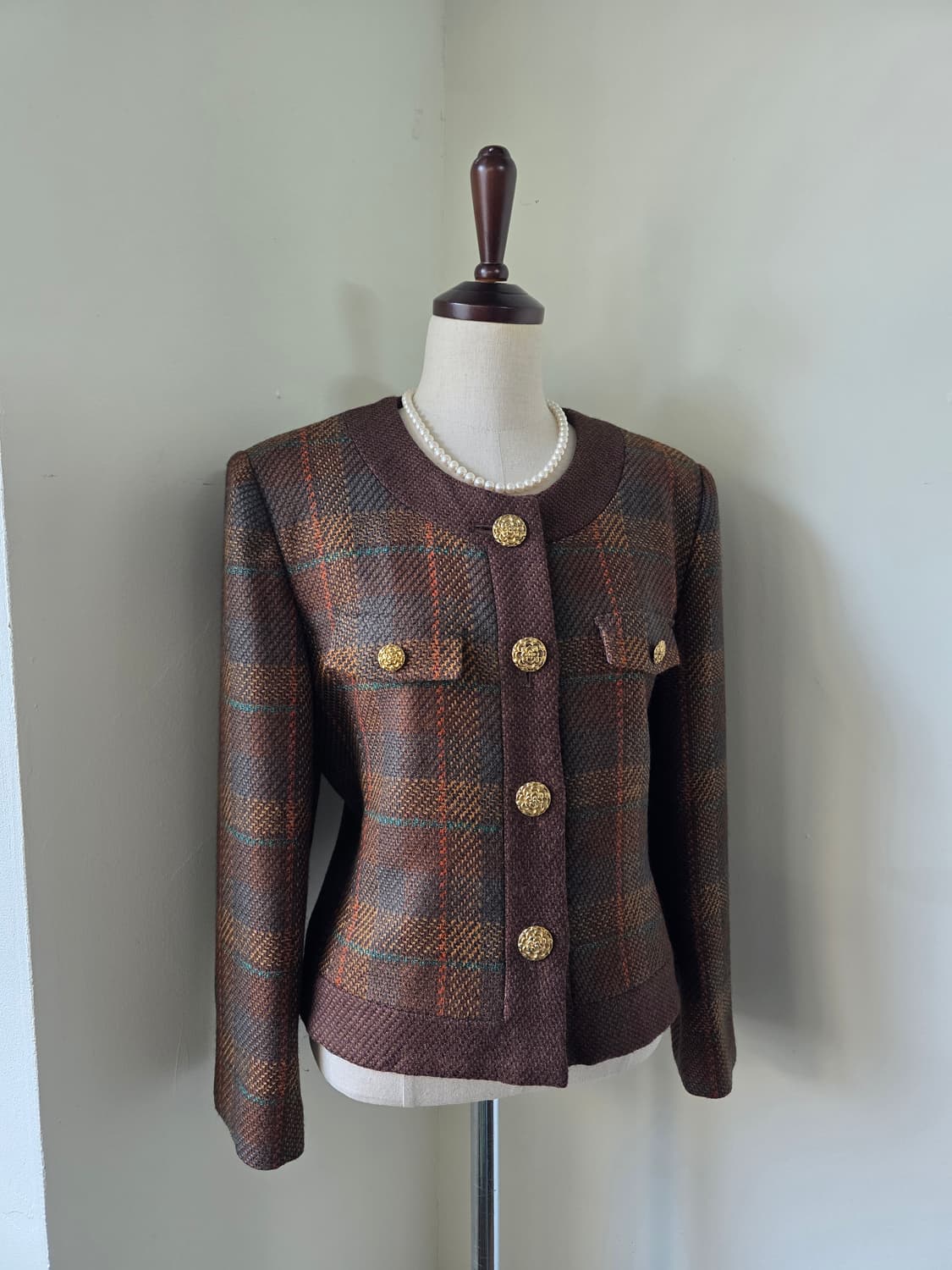 체크 뉴울100 금장 단추 자켓 상품이미지2