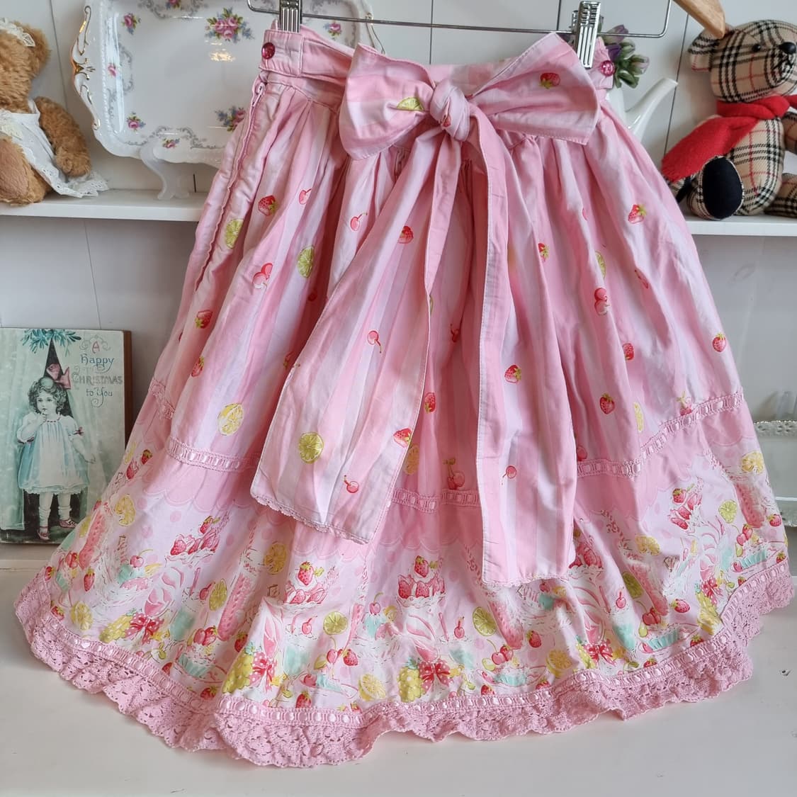 핑크 스트라이프 과일 패턴 레이스 스커트 상품이미지4