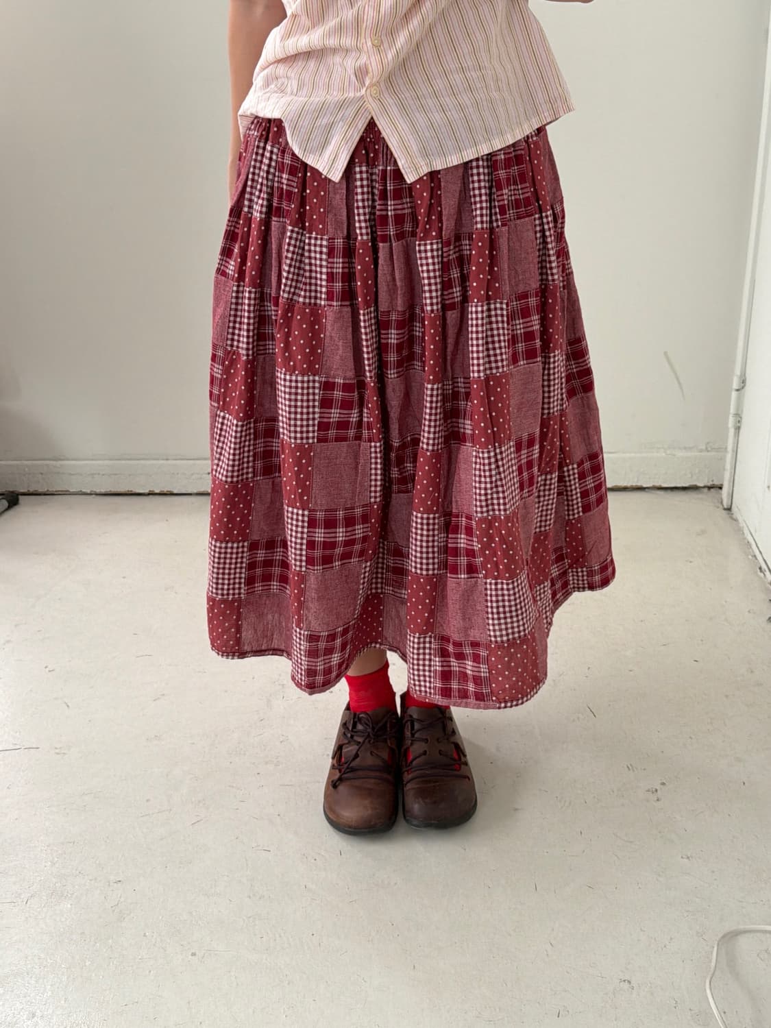 일본빈티지 모리 히피 도트체크 롱스커트 상품이미지1