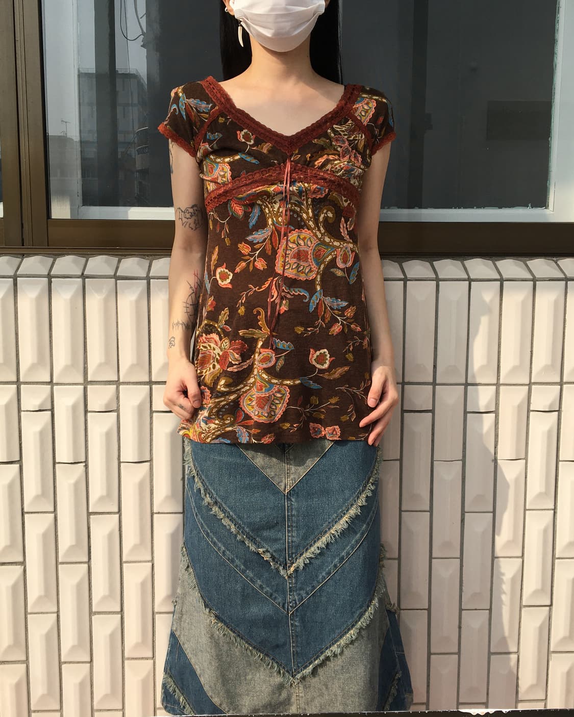 Lace trimming printing top 상품이미지1