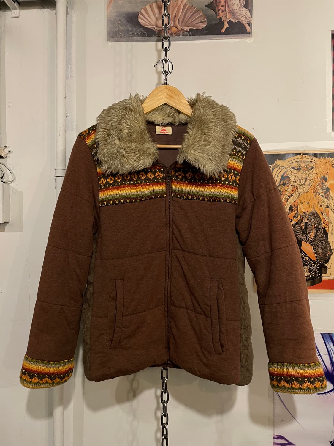 kriff mayer 에스닉 패턴 퍼 카라 브라운 패딩 히피 모리 상품이미지1