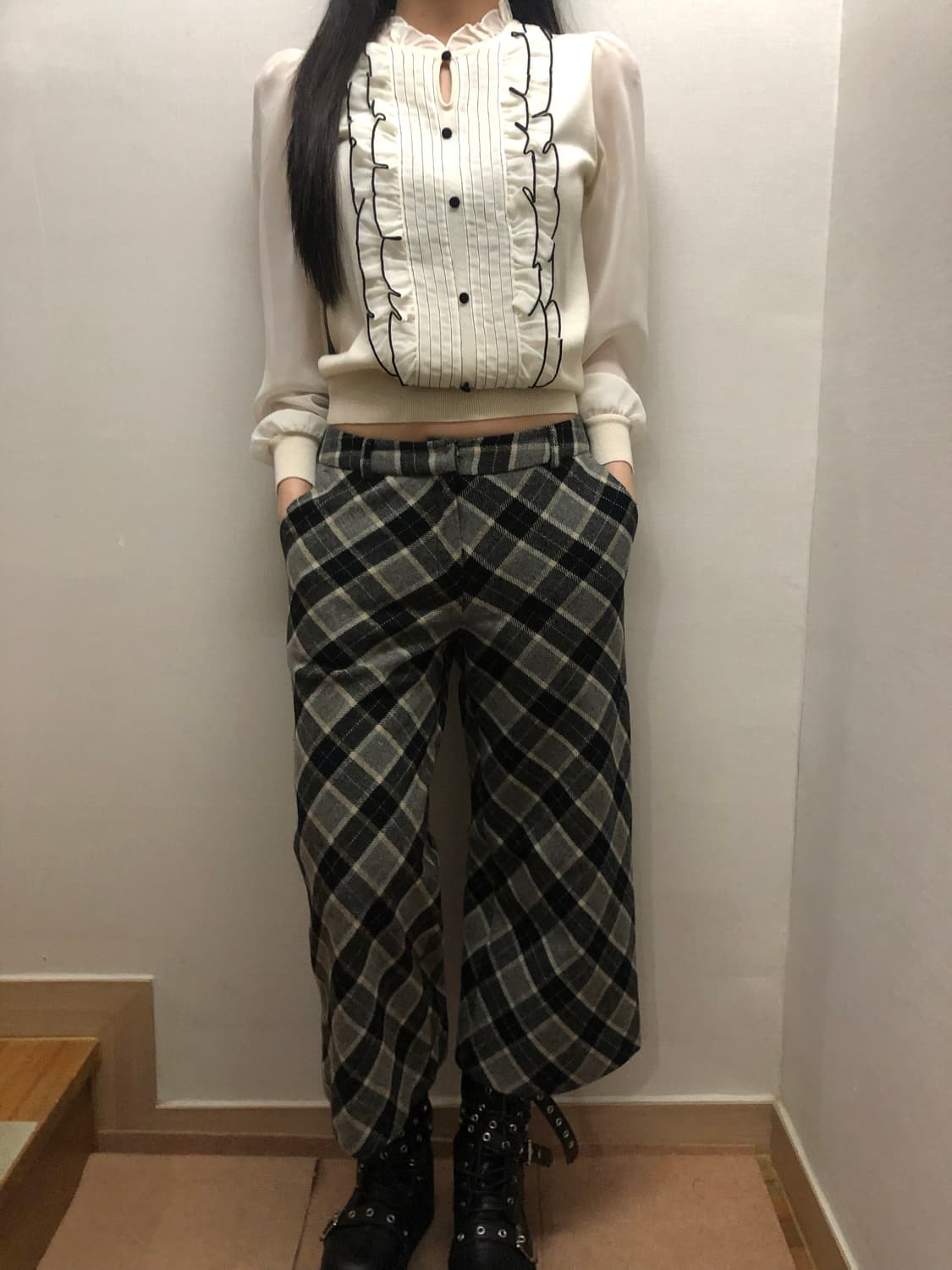 빈티지 그레이 체크 울 팬츠 상품이미지2