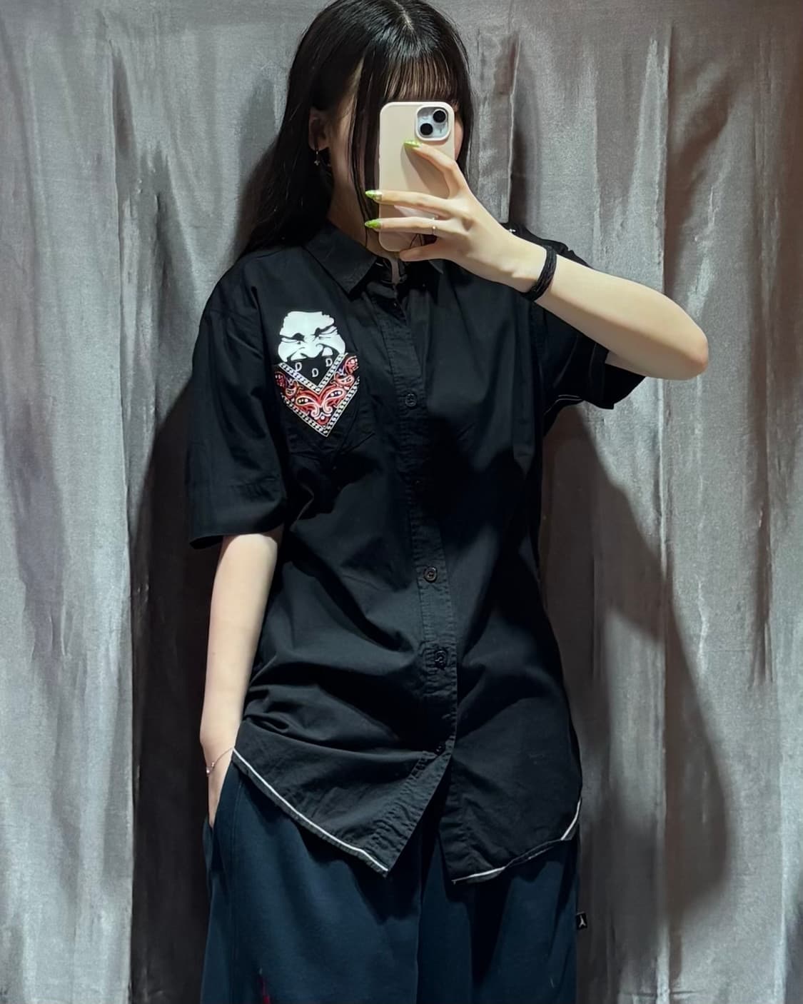L FUBU 푸부 반다나 포켓 블랙 반팔 셔츠 상품이미지1