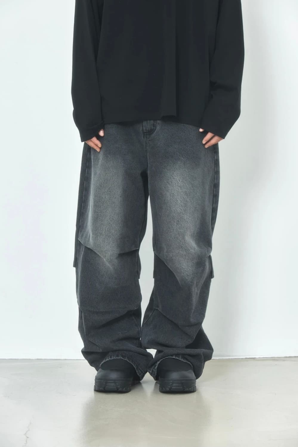 llud Wide Front Tuck Denim Pants Black L 상품이미지4