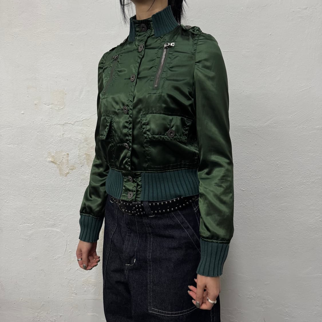 히스테릭글래머 올리브카키컬러 폴리에스터 쇼트 하이넥 블루종 자켓 상품이미지1