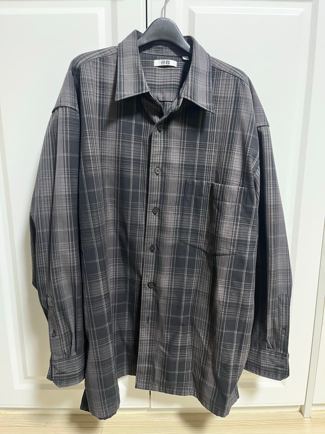 유니클로u 22fw 플란넬 오버사이즈 체크셔츠 다크그레이 xl 상품이미지1