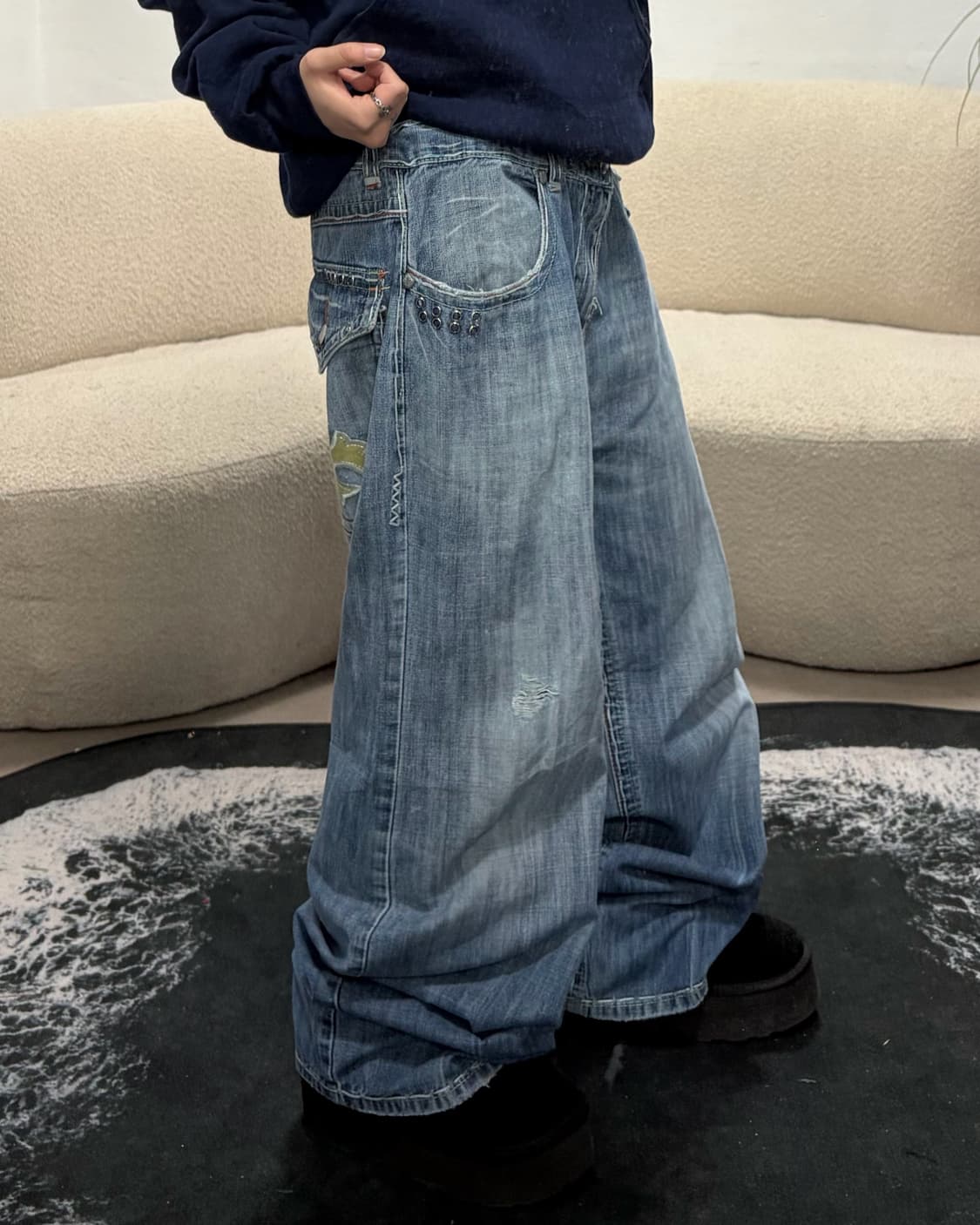 90s 빈티지 스터드 스티치 데님와이드 힙합팬츠 상품이미지3