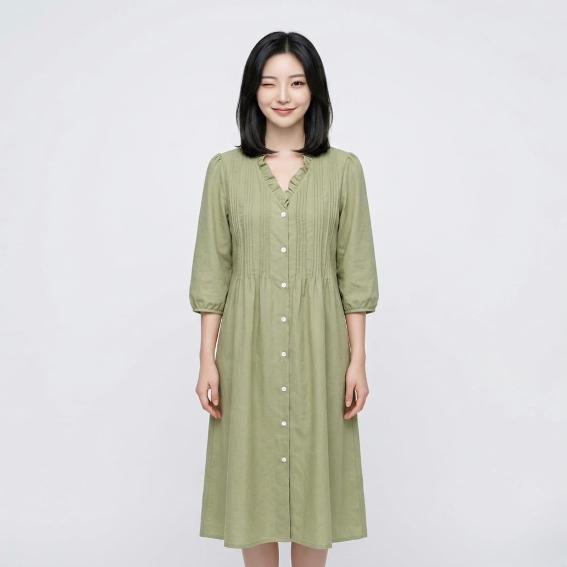 [새상품] 프릴넥 연카키 6부 원피스 상품이미지1