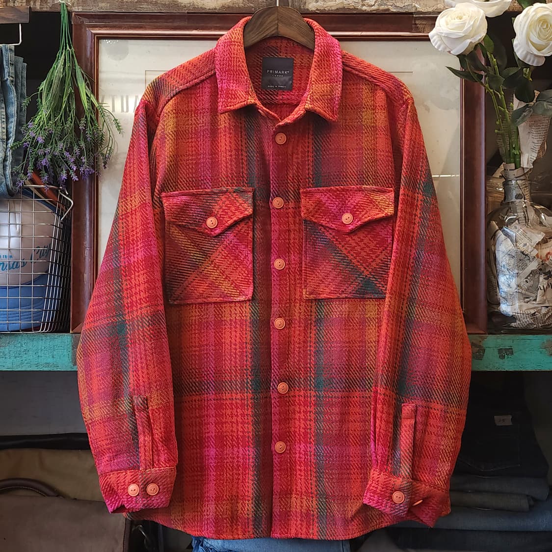 90s 아메리칸 빈티지 체크셔츠 헤비 플란넬 워크셔츠 레드 비비드 L 상품이미지1