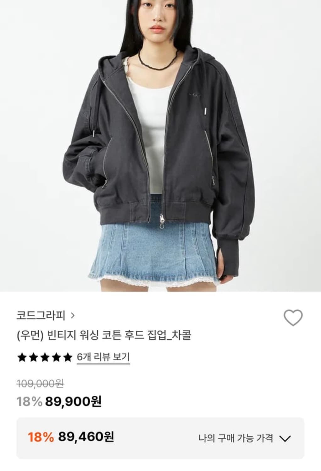 코드그라피 우먼 빈티지 워싱 코튼 후드집업 차콜 상품이미지2