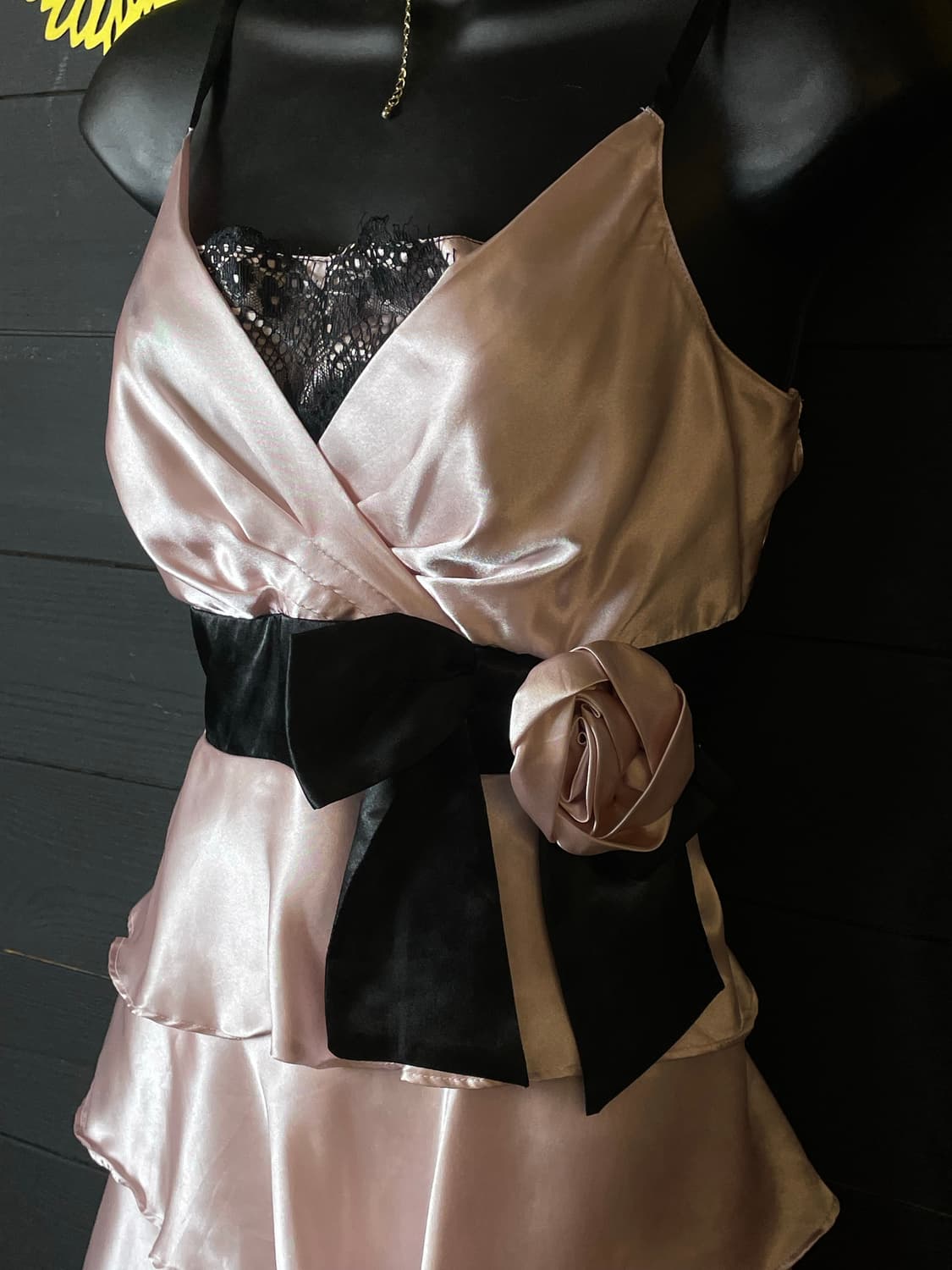 JPN 갸루 꽃 리본 장미 플라워 실크 레이어드 핑크 골드 슬립 원피스 상품이미지3