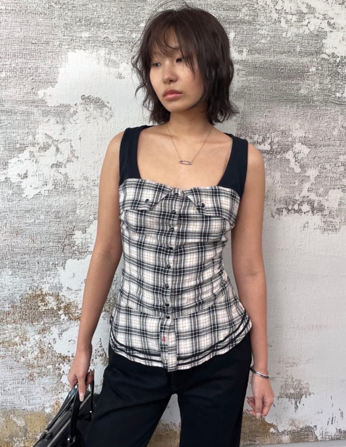 레이어드 슬리브리스 체크 탑 하이틴 상품이미지1