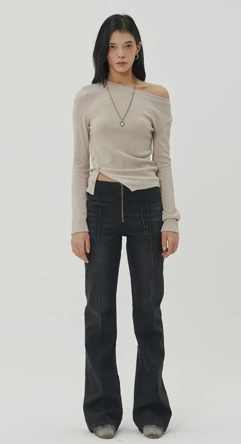 메종미네드 플레어 핏 핀턱 데님 블랙 상품이미지2