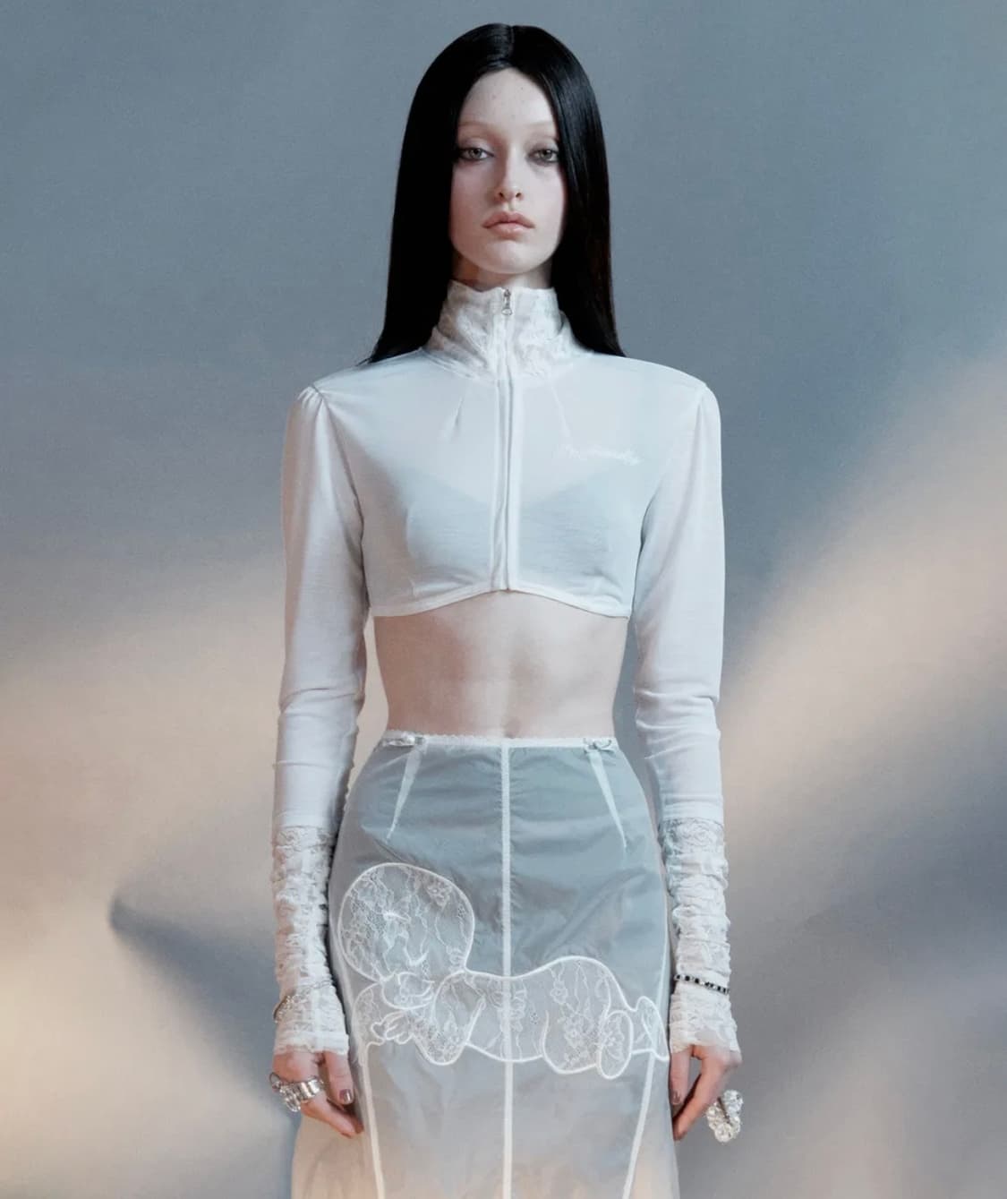 Casper Lace Zip-up Tee Ghost Sheer 상품이미지1