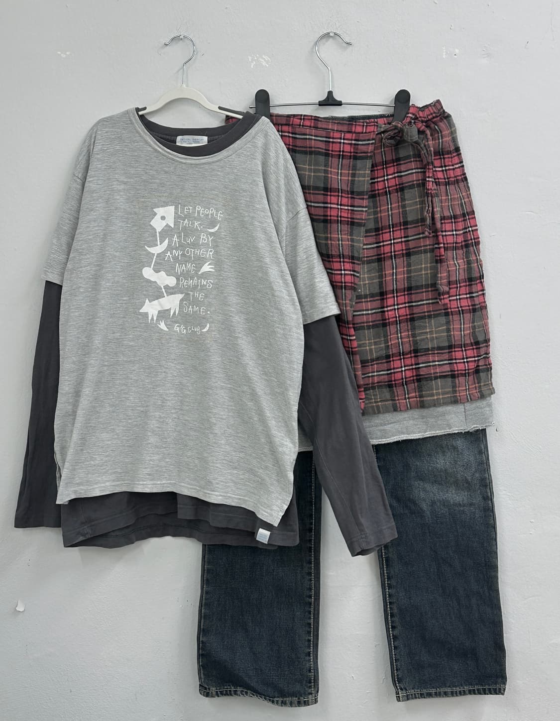 🎨하구미의 작업실 코디세트🎨 반팔 레이어드 체크 랩스커트 펑크 상품이미지2