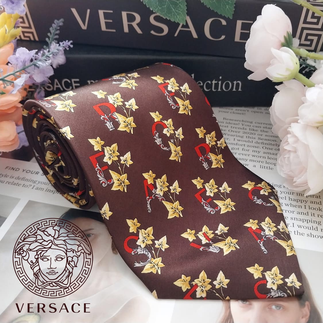 베르사체 실크 브라운 플라워 패턴 넥타이 9.7cm A+등급  K1262 상품이미지1