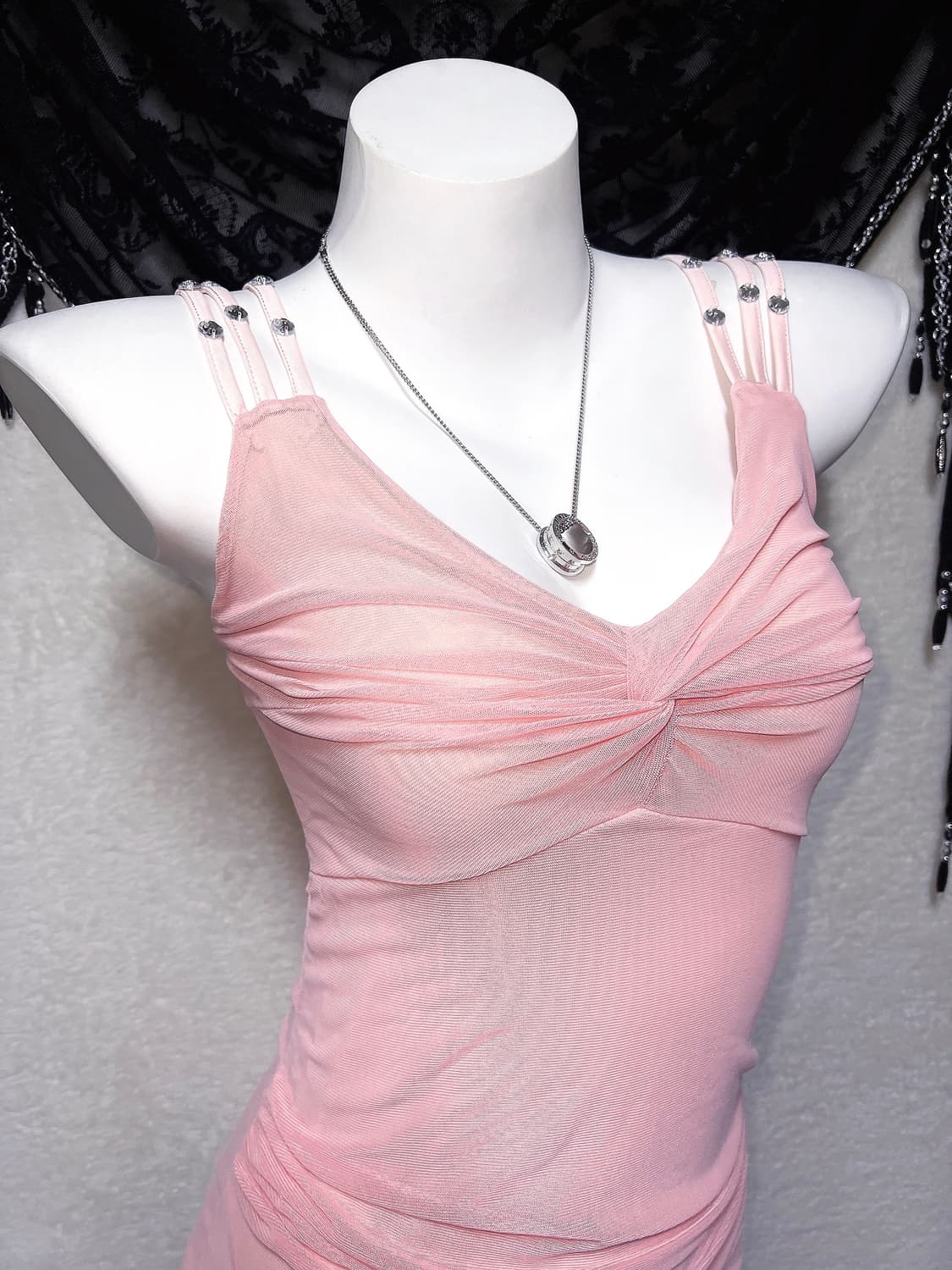 히메갸루 로맨틱 로걀 핑크 셔링 비즈 미니원피스 섹시 러블리 슬립 핀터깔 상품이미지5