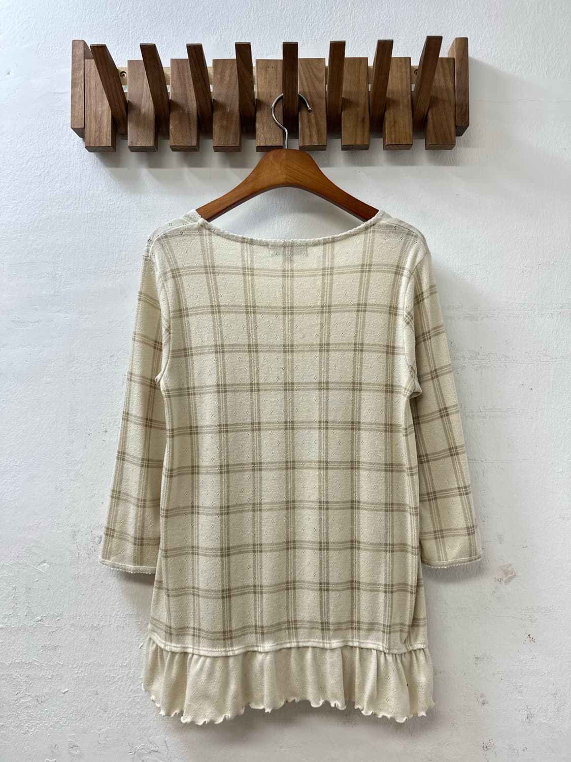 일본빈티지 THEORIA 아이보리 체크 스모크 레이스 디테일 긴팔티셔츠 상품이미지5