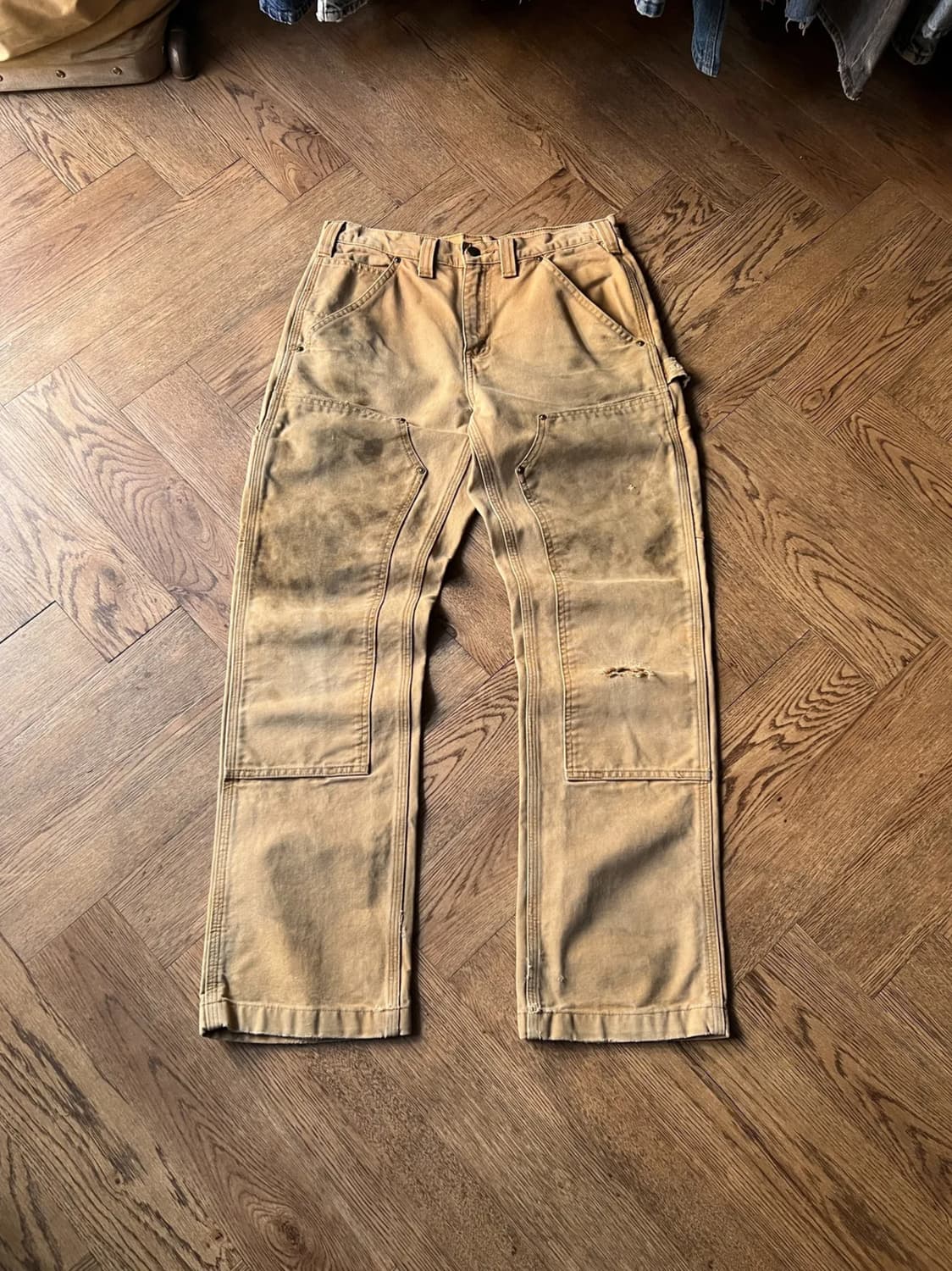 [30]칼하트 USA 더티워싱 브라운 더블니 워크 팬츠 상품이미지1