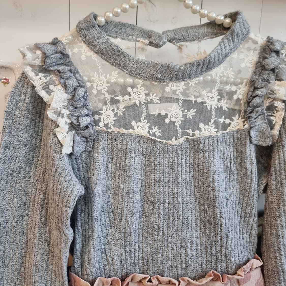 Liz Lisa 그레이 니트  로즈 플레어 레이스 원피스 상품이미지2