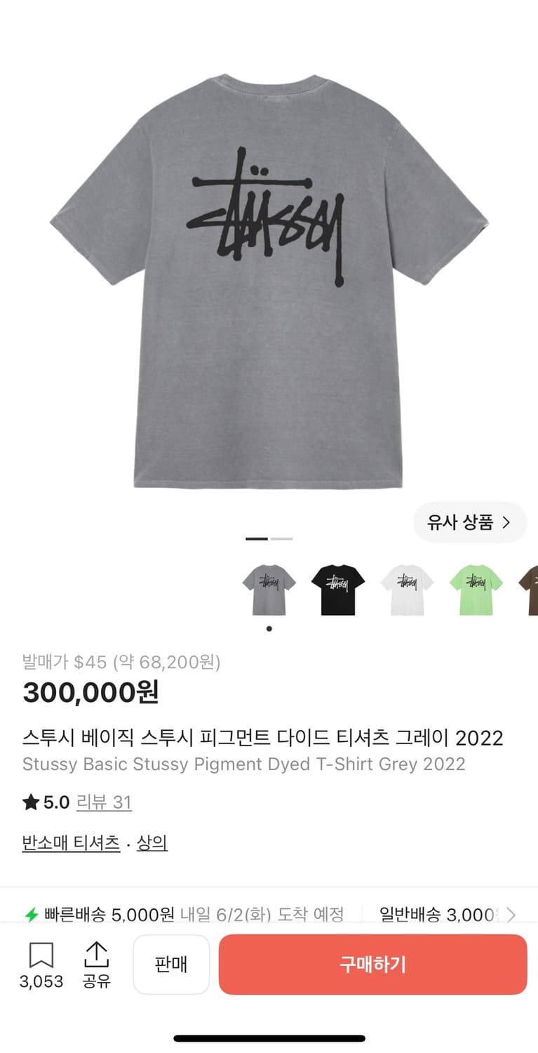 스투시 베이직 스투시 피그먼트 다이드 티셔츠 그레이 2022 상품이미지3