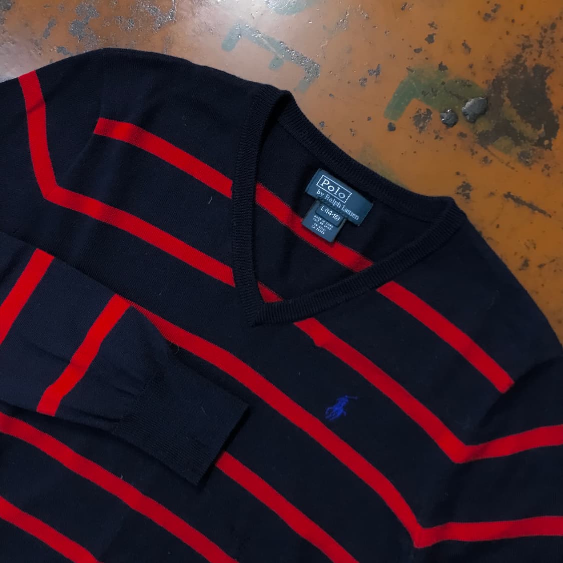 폴로랄프로렌 스웨이드 패치 네이비 단가라 코튼 니트 여성 55 사이즈  상품이미지3