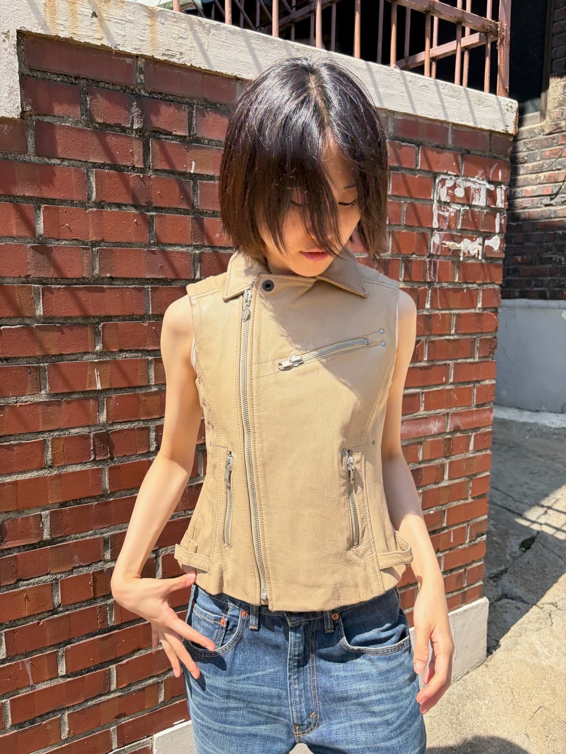 Diesel 사선 지퍼 레더 베스트 M 상품이미지2