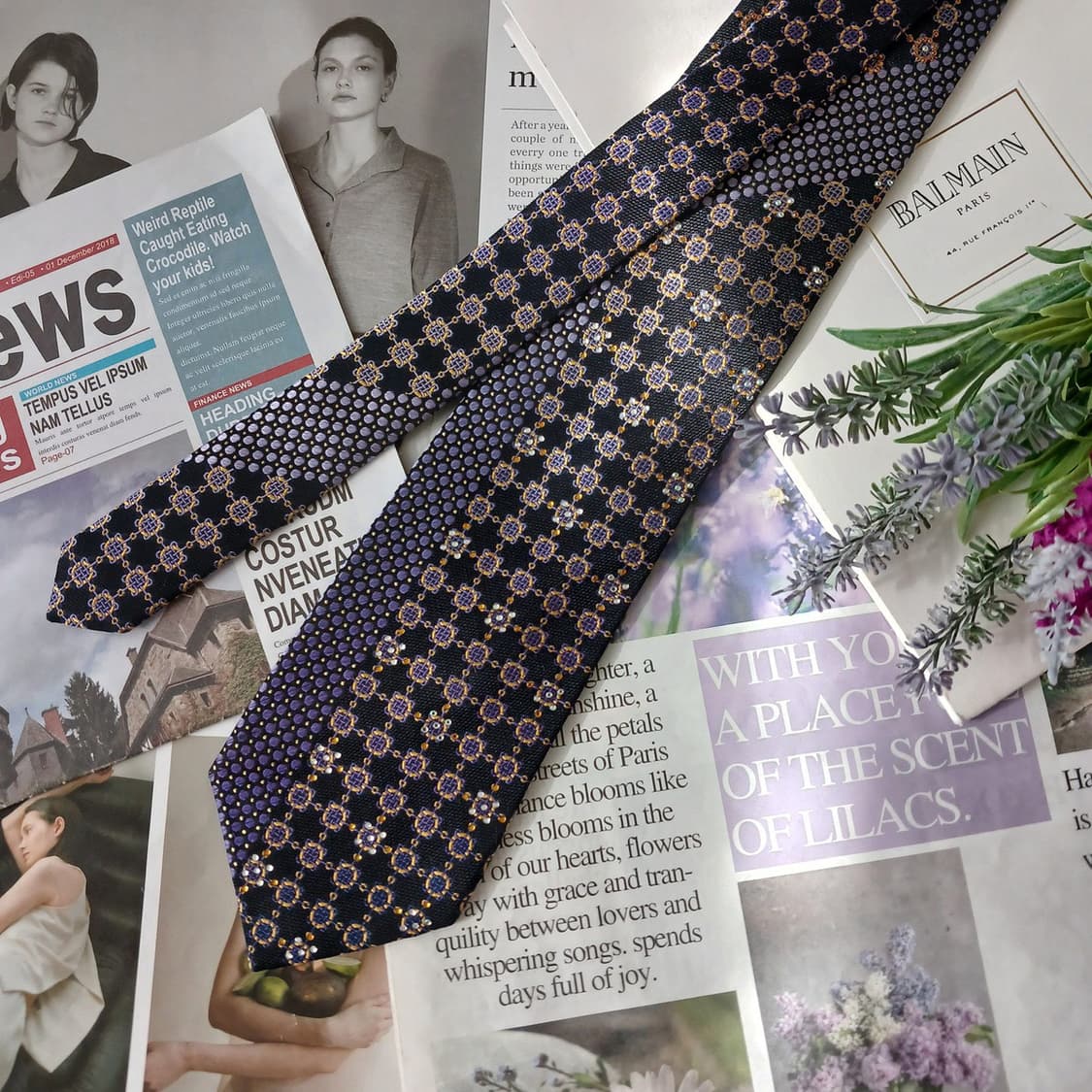 피에르 발망 실크 블랙 기하 패턴 넥타이 9.2cm A+등급 A19361 상품이미지5