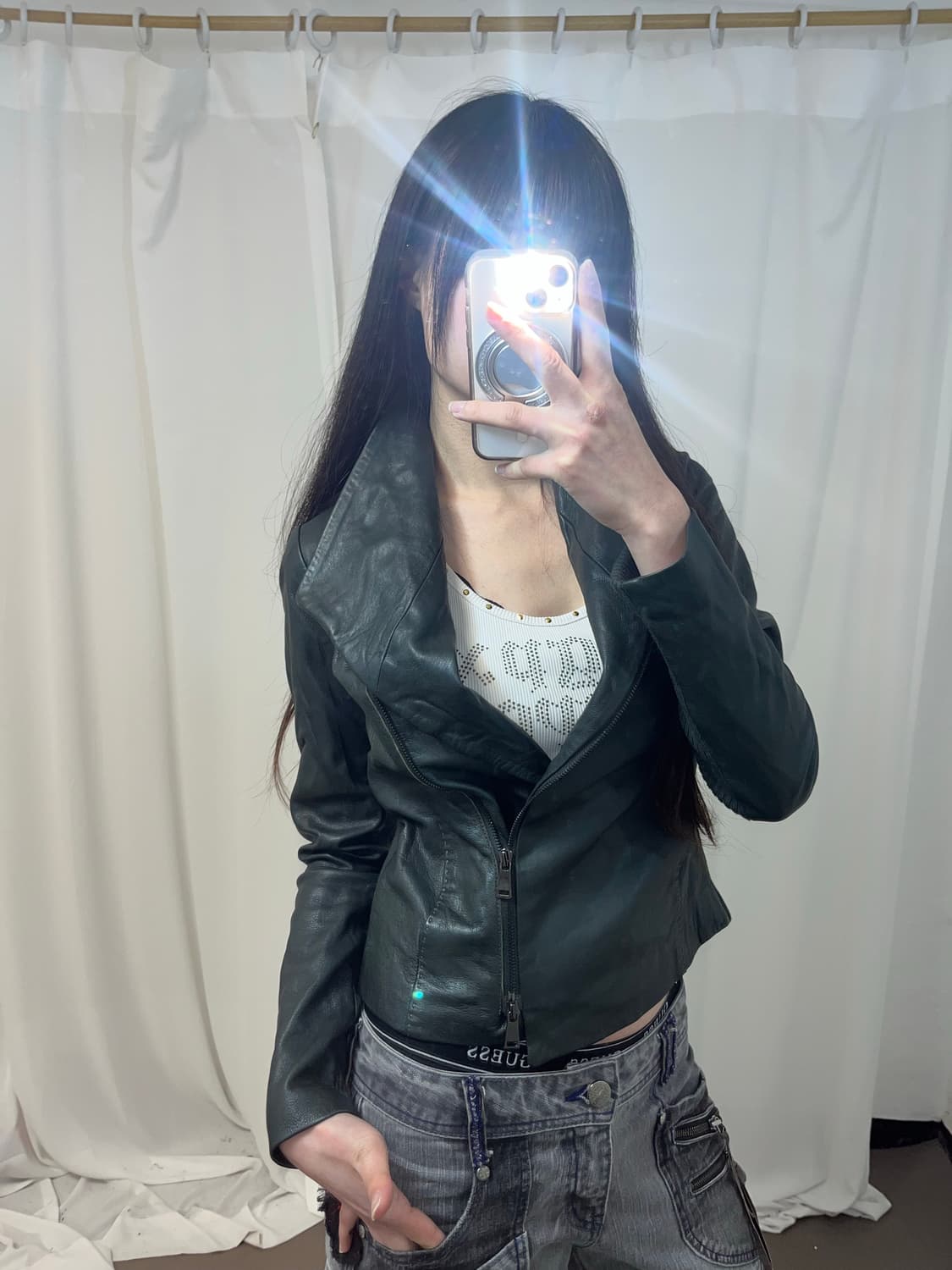 사선 지퍼 하이넥 카키 레더 자켓 상품이미지9