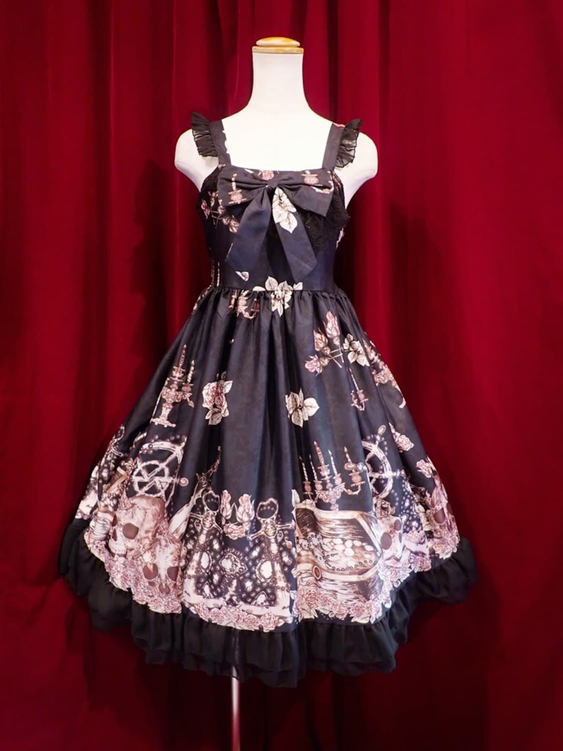 일본빈티지)고딕 로리타풍 해골지뢰계 할로윈 리본 코르셋 프린팅 원피스 상품이미지1